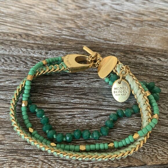 Henri Bendel Multi-strand Bracelet Gold Toggle Faceted Green Beads Signed Charm - Picture 13 of 13
